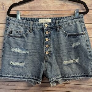 KanCan Women's Distressed Denim Shorts - Blue. Size XL